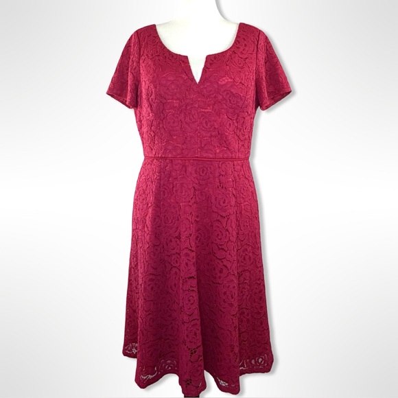 Adrianna Papell Cranberry Red Lace Midi Dress – Size 14 - Picture 4 of 9